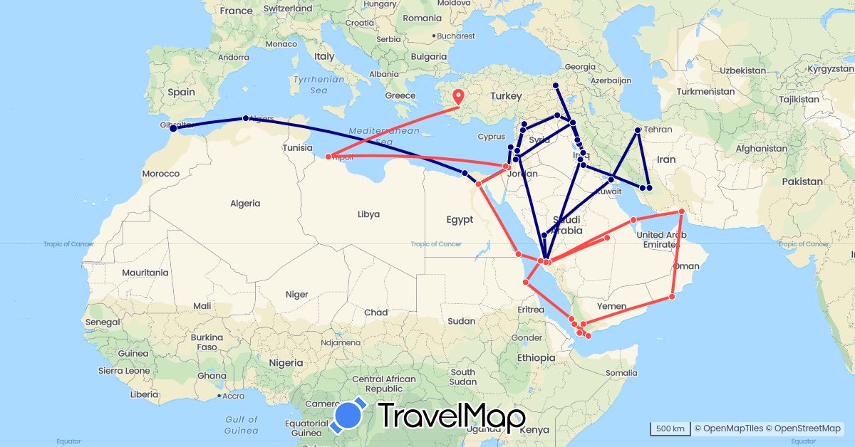TravelMap itinerary: driving, hiking in Bahrain, Algeria, Egypt, Israel, Iraq, Iran, Lebanon, Libya, Morocco, Oman, Saudi Arabia, Sudan, Syria, Turkey, Yemen (Africa, Asia)